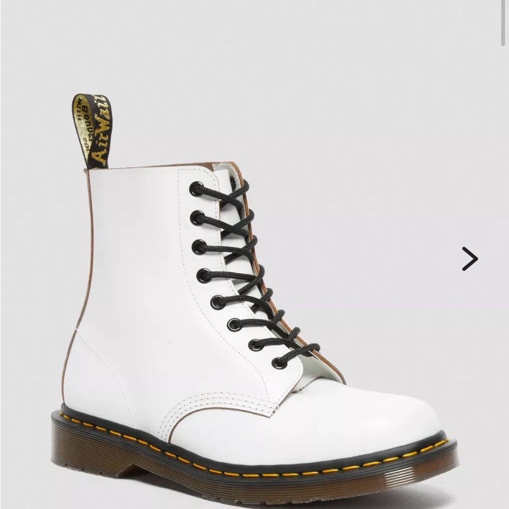Dr. Martens White Leather 8-Eye Lace-Up Boot with Yellow Stitching